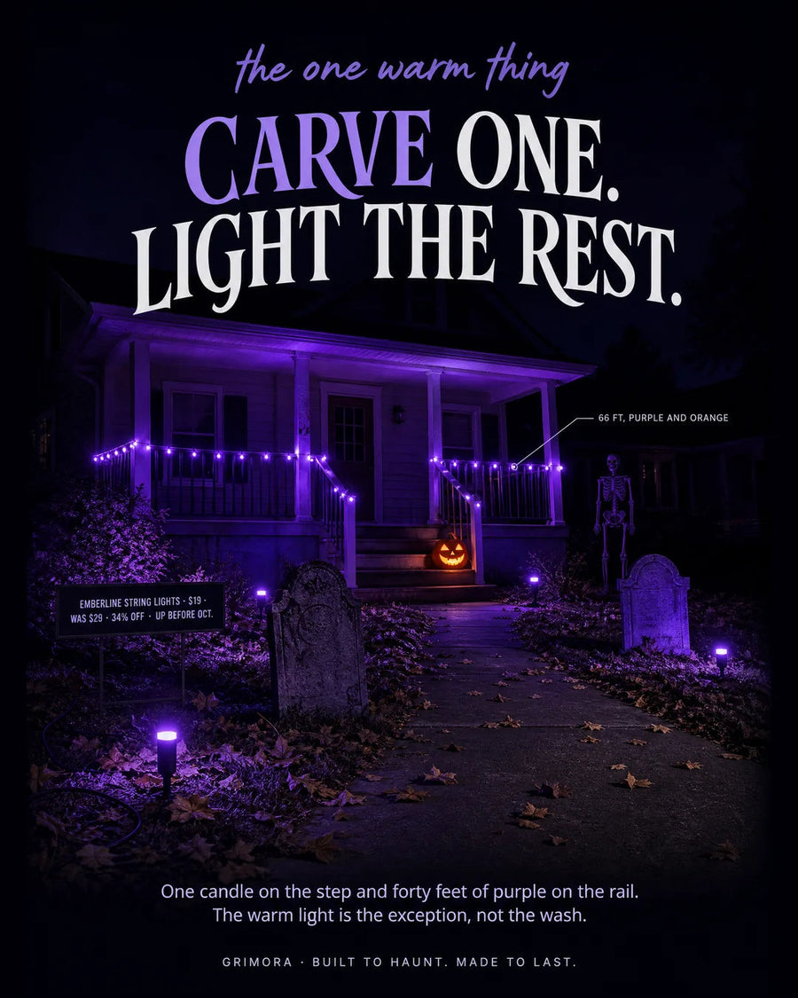 Carve one, light the rest. Nineteen dollars of string lights does more for a porch at 8pm than anything you can buy for two hundred.