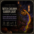Featured card: the witch and cauldron stake pouring cascading colour into a garden bed, specs listed beside it.