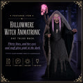 Featured card: the witch animatronic with her staff glowing pink on a covered porch, specs listed beside her.