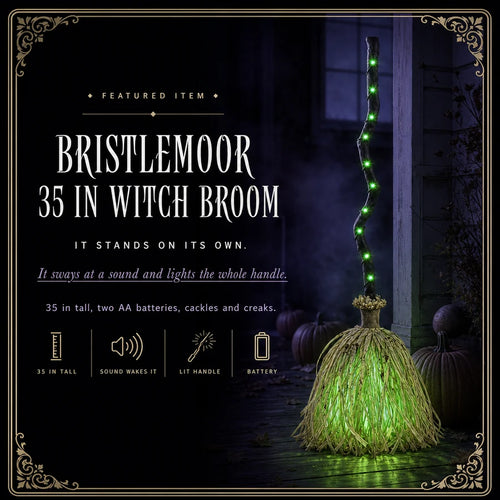 Featured card: the witch broom standing on its own with the handle lit green, specs listed beside it.