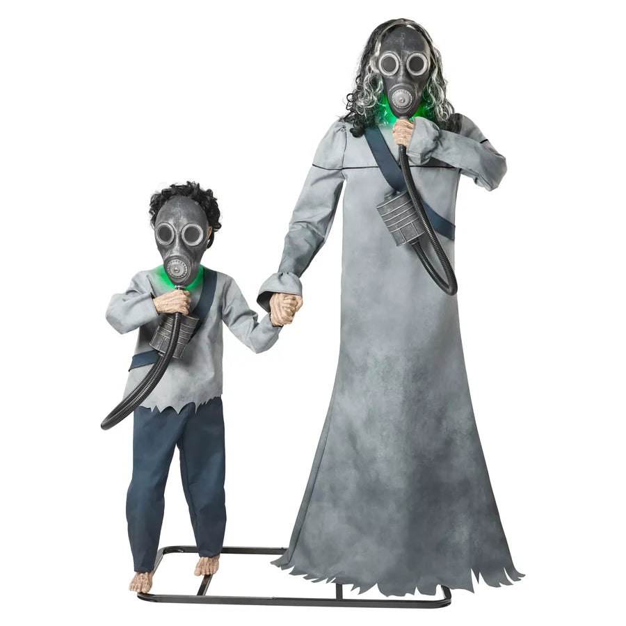 The same pair at rest, each gas mask held up over the face, before the sensor fires