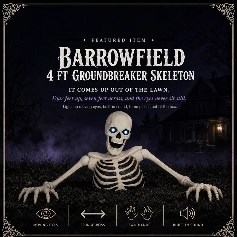 The groundbreaker skeleton lit on a night lawn, its name and four seals across the foot of the frame