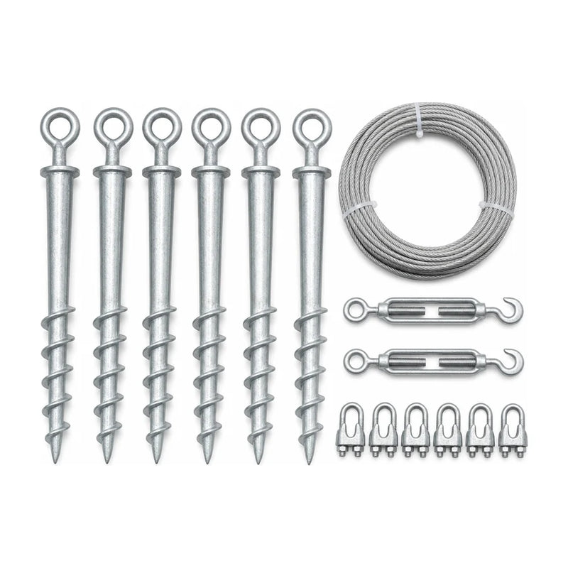 Helical ground stakes, steel cable, tensioners and prop clips laid out flat