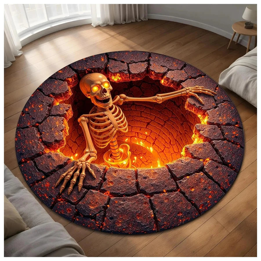 Front view of the Emberpit Illusion Rug, showing its printed 3D illusion design