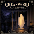 The lit ghost on its wooden swing on a night porch, its name and four icons across the foot of the frame