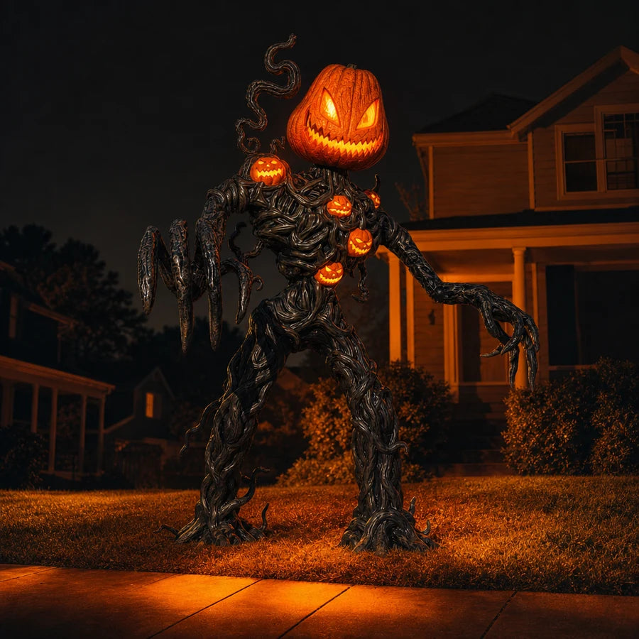 Seen from the sidewalk at night, glowing above the rest of the yard