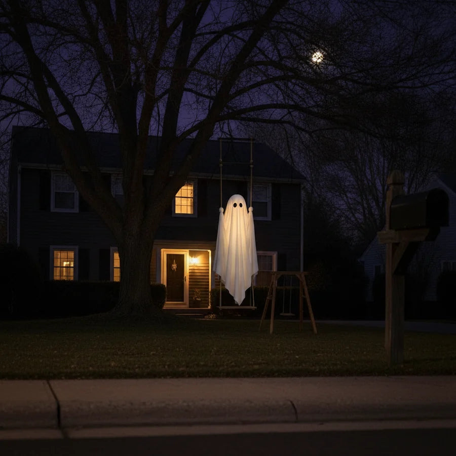 Seen from the sidewalk at night, lit under a bare maple, reading as a small floating shape from across the lawn