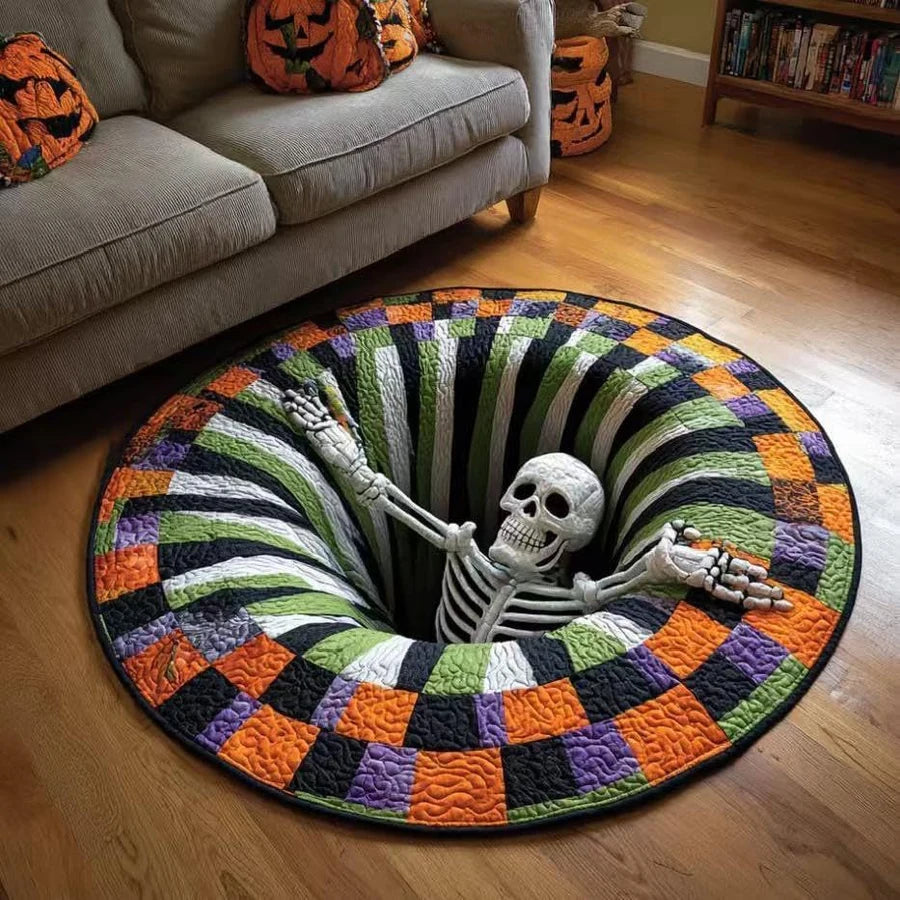 Angled view of the Boneshade Illusion Rug, showing the depth of the illusion print