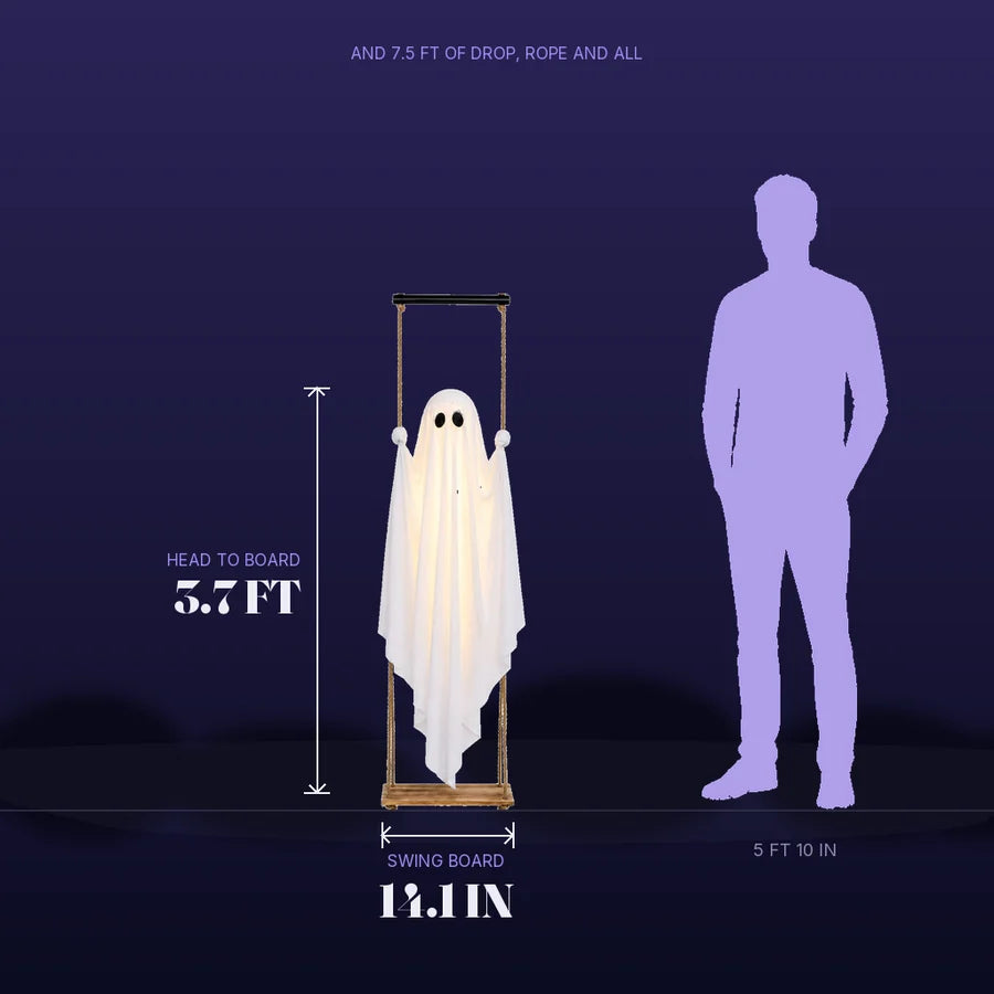 Scale diagram: the ghost measured 3.7 ft from head to swing board and 14.1 in across, beside a lilac adult silhouette