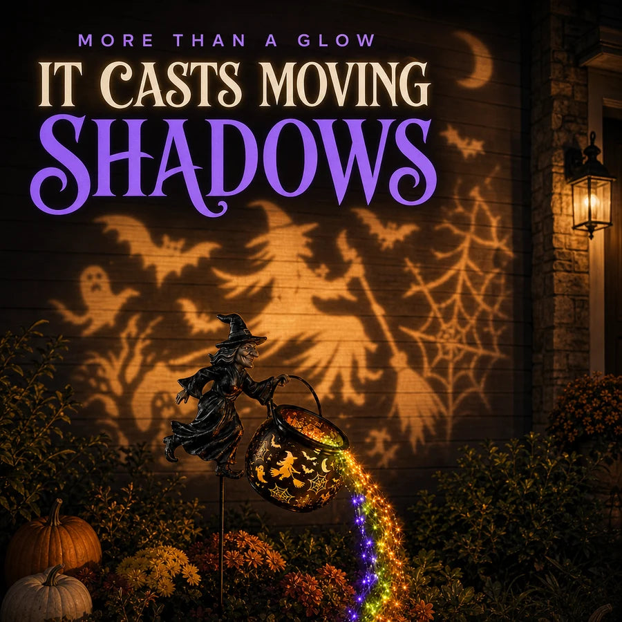 Infographic: it casts moving shadows, amber witch and bat shapes on a house wall