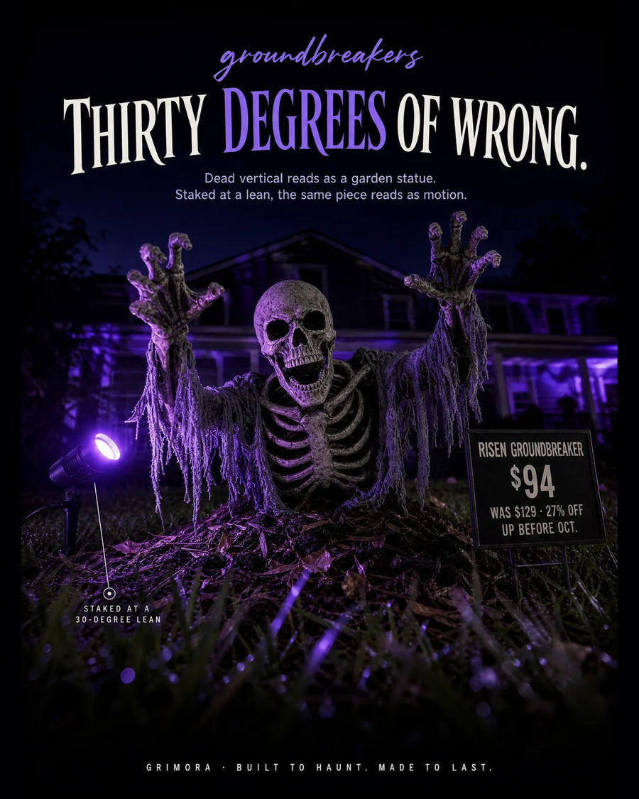 Thirty degrees wrong is the whole trick. A groundbreaker leaning straight up reads as a statue — tilt it toward the sidewalk and it reads as coming for you.